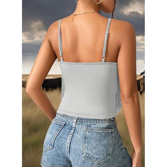 Women's Silver Fringe Tank Top Western Festival Clothing Cowgirl V Neck Outfits - Picture 6 of 6